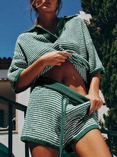 Image of Tankaneo Womens Sweater Set 2 Piece Outfits Oversized 3 /4 Sleeve V Neck Knit Tops High Waisted Shorts Lounge Sets
