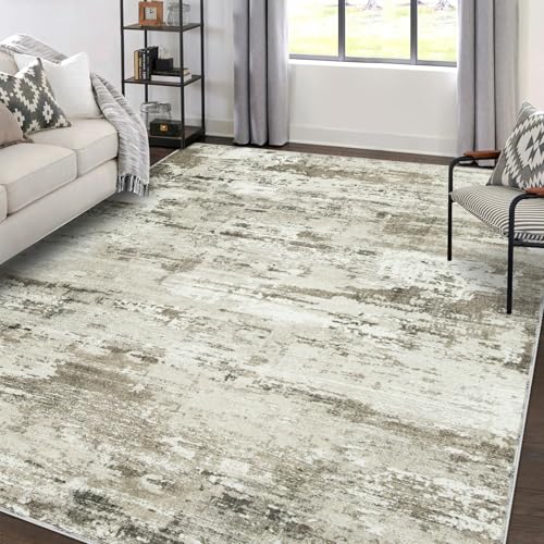 Area Rugs 9x12 Living Room: Large Soft Washable Rug Modern Abstract Anti-Skid Non-Shedding Carpet Indoor Floor Thin Carpets for Bedroom Dining Room Farmhouse Nursery Home Office Beige Brown Grey