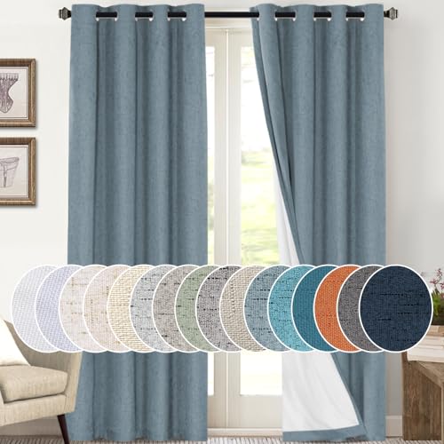 Image of PrinceDeco 100% Blackout Curtains 108 inches Long Linen Blackout Curtains for Bedroom Living Room Black Out Darkening Curtain Thermal Insulated Anti-Rust Grommet Set of 2(52x108 inch,Stone Blue)