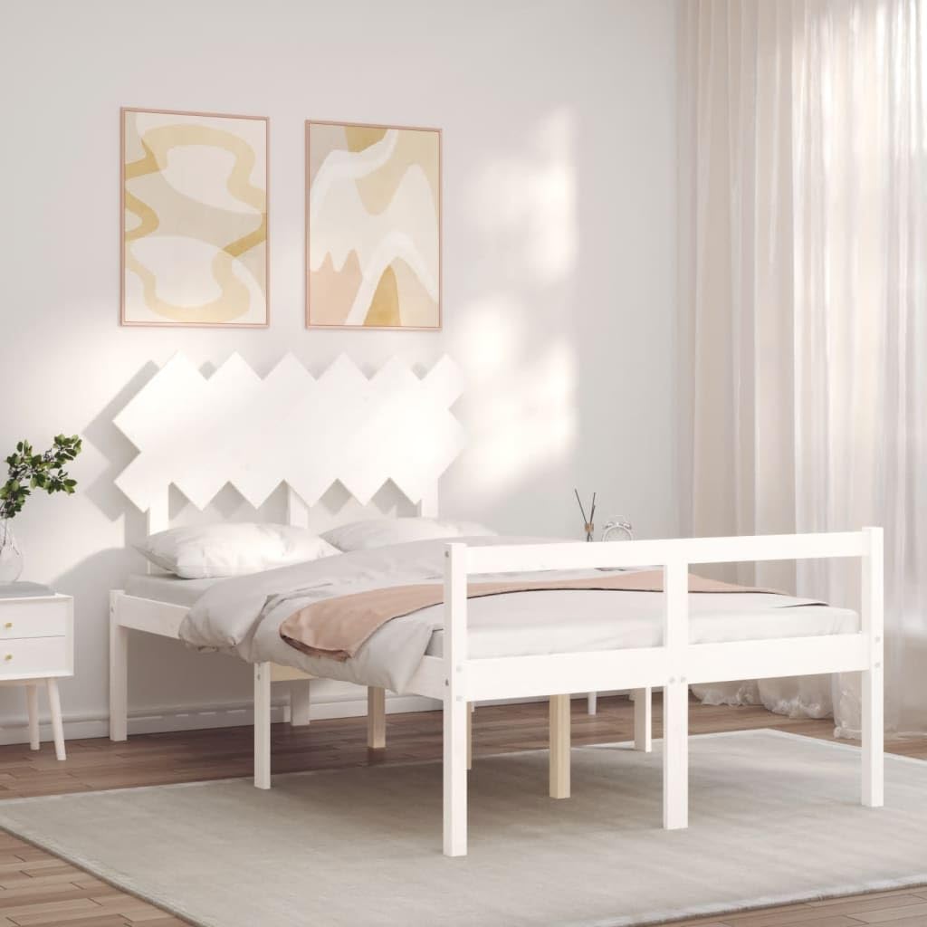 Massivholz Seniorengerecht 25.04 Weiß 120x200 cm | Seniorenbett mit Kopfteil 120x200 cm Weiß Massivholz Bettgestell mit Lattenrost und Stauraum
