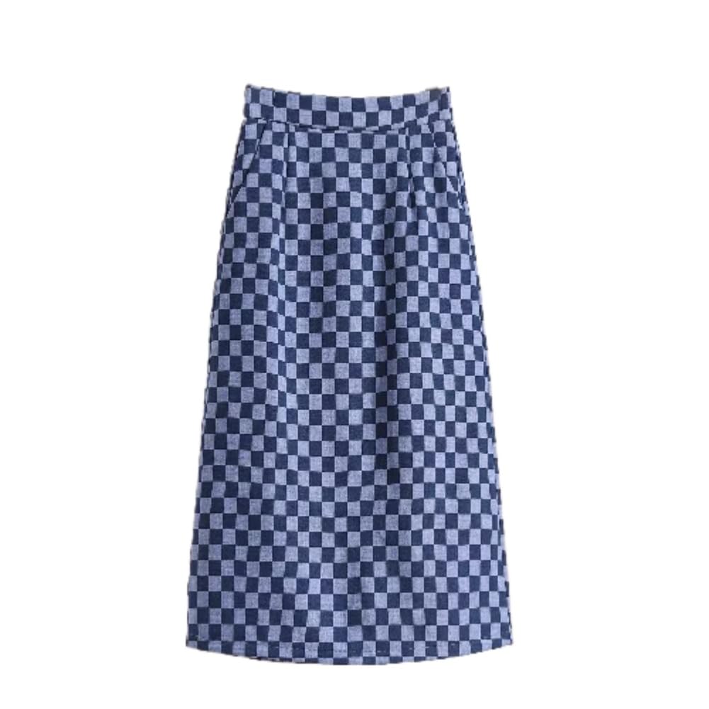 Blue Plaid Denim Skirt Large Size Waist Midlength Casual