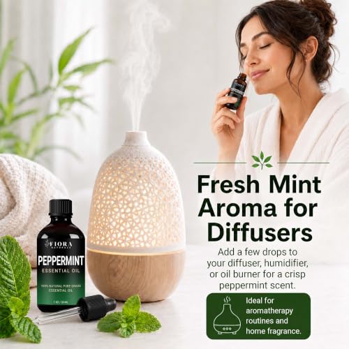 Image of Peppermint Oil by Fiora Naturals - 100% Pure Peppermint Essential Oil, Mentha Piperita Mint Oil for Aromatherapy Diffuser, Skin, Hair, Scalp, DIY Soap & Candle Making, Aceite de Menta