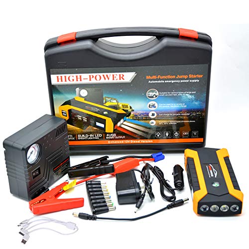 Feng Jump Starter de 20000mAh, 1000A Batería Arrancador de Coche (Batería Externa Recargable, 4 Puertos USB, LED Flashlight, Multifunción, con Pinzas Inteligentes) Compresor de Aire