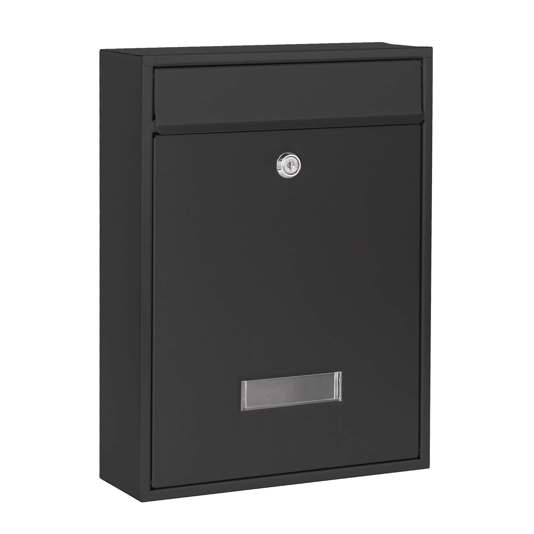 Wiltec Buzón de pared color negro V10 con placa de identificación, amplia ranura para cartas y 2 llaves buzón de acero con recubrimiento en polvo para montaje en pared