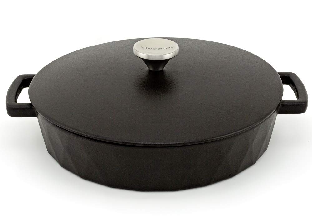 HearthStone Cookware - Low Peach Diamond Enamelled Cast Iron Satin Black, 28 cm, 3.8 L. For All Surfaces Including Induction and Oven.