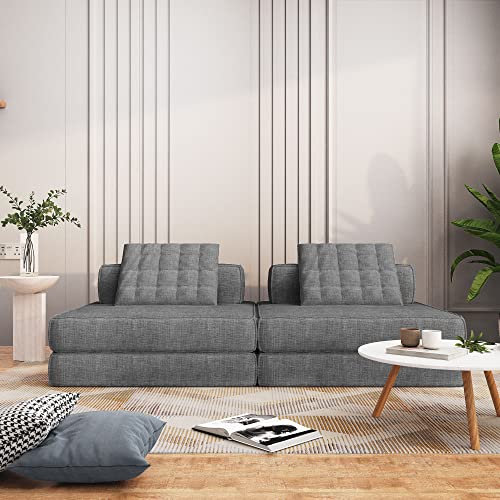 Orrd Modular Fold Sofa Bed, Modern Linen Convertible Sleeper 2 Seater Sectional Couch Tufted Sofa Floor Couch Padded Cushion For Living Room, Bedroom (Grey) #TOP24