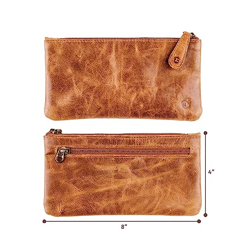 Moonster Leather Pencil Case Pouch, Handcrafted Leather Pen Case With Zipper That’s Made To Last - Elegant & Practical Brown Leather Pencil Cases For Adults - Unique 8" X 4" Design With Side Pocket #TOP4