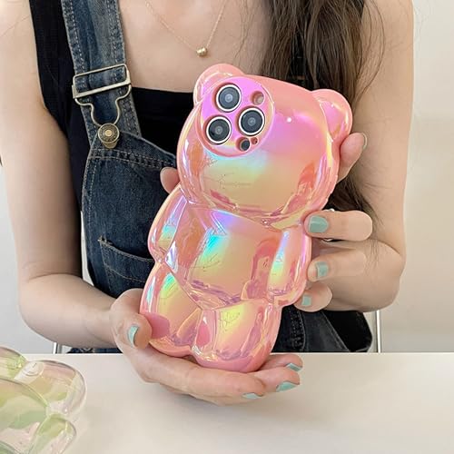 Coque iPhone 12 antichoc avec design ours 3D rose holographique - 5
