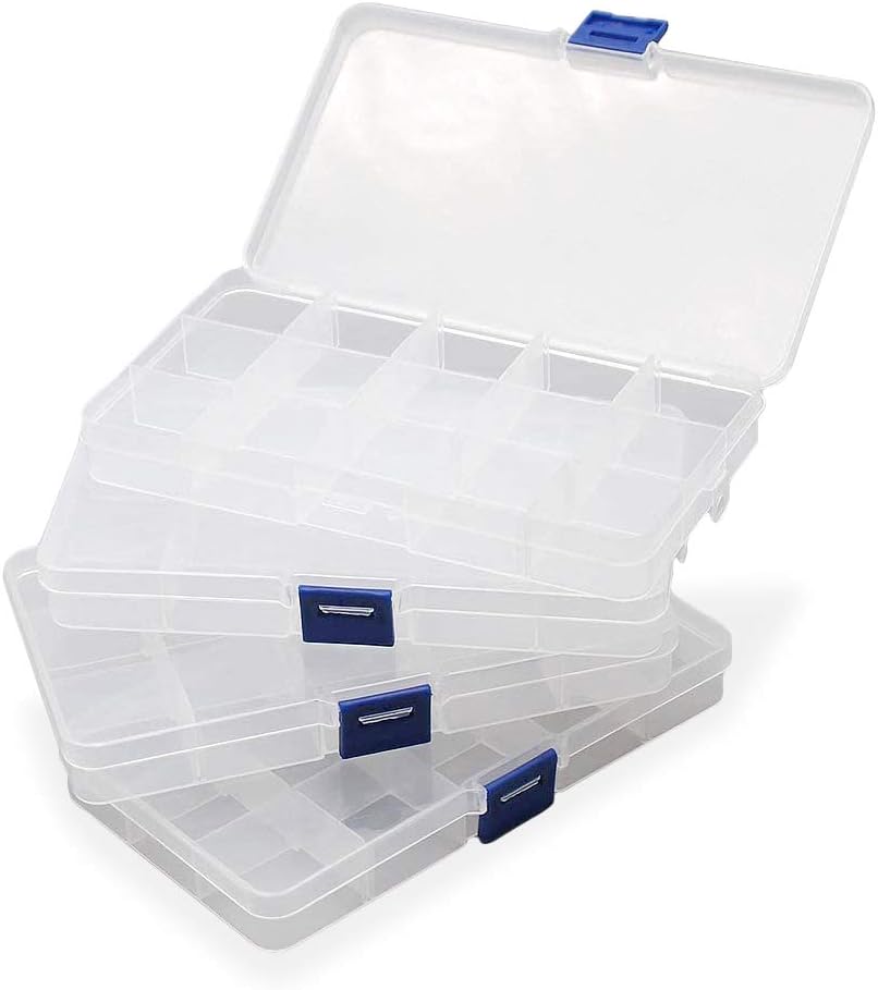 Lifreer 4 Pack 15 Grids Organizer Storage Box Transparent Small Storage Box with Compartments Plastic Containers Adjustable Divider Organizer for Jewelry Ring Earring Tool Small Accessories