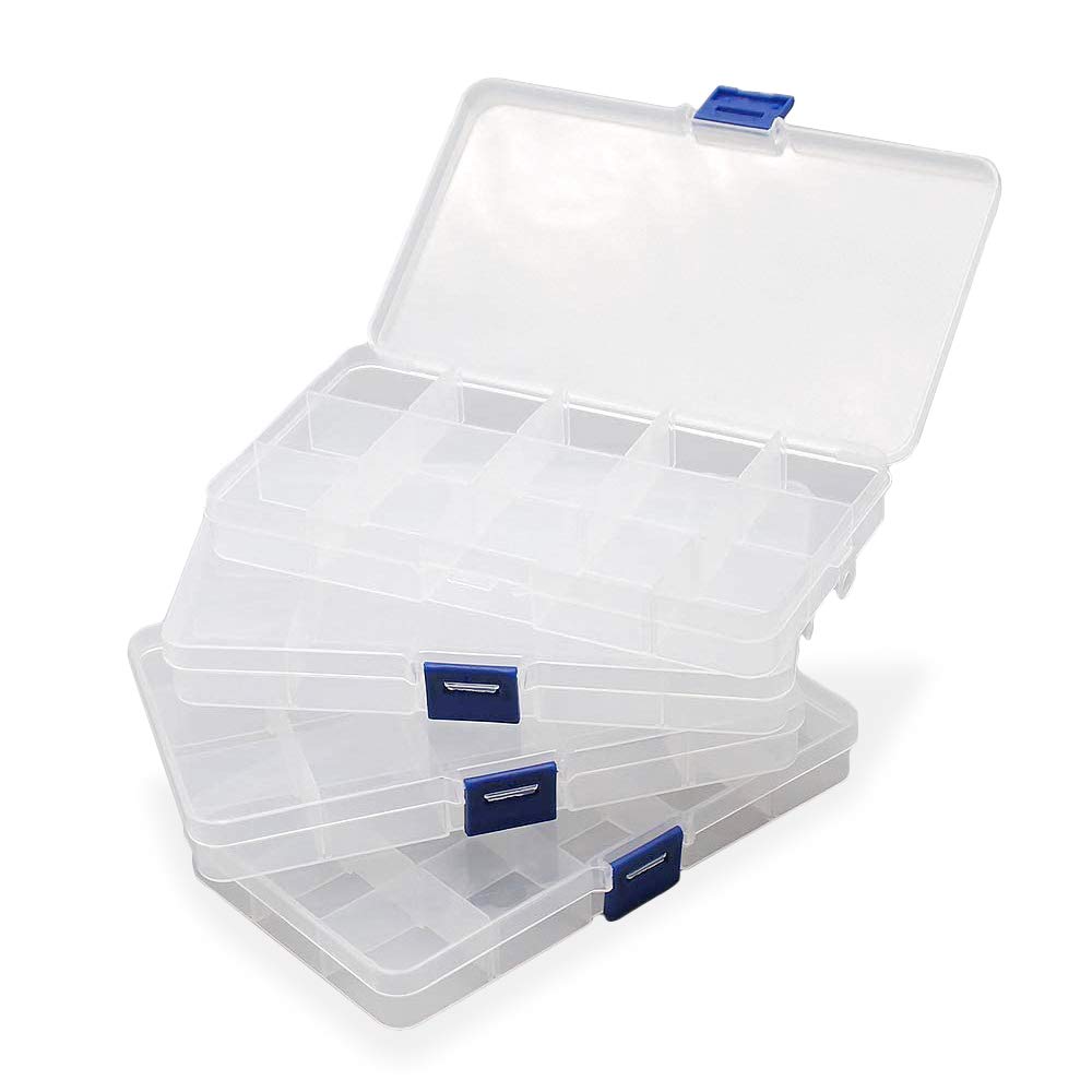 Lifreer 4 Pack 15 Grids Organizer Storage Box Transparent Small Storage Box with Compartments Plastic Containers Adjustable Divider Organizer for Jewelry Ring Earring Tool Small Accessories