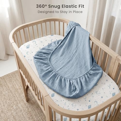 Image of Konssy 2 Pack Muslin Bassinet Sheets for Boys, Girls, 100% Cotton Soft Breathable Fitted Bassinet Mattress Sheet, 33 x 21 inches (Star,Blue)