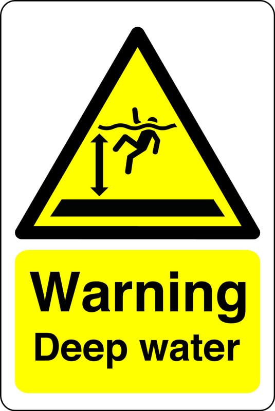 Warning deep water - no swimming, no diving, deep water, slippery - 1.2mm Rigid plastic for indoor/outdoor usage (400mm x 300mm) Viewing Distance within 14m.