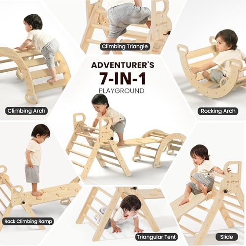 Image of BlueWood Pikler Triangle Set, Toddler Wooden Climbing Toys Indoor 7in1 Climber, Foldable Kids Climbing Toys, Montessori Play Jungle Gym with Arch, Ramp, Ladder (Natural)