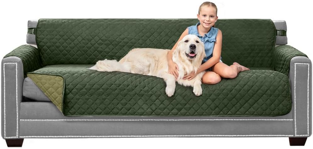 Sofa Shield Original Patent Pending Reversible Oversize Sofa Slipcover, 2 Inch Strap Hook, Seat Width Up to 78 Inch Washable Furniture Protector, Couch Slip Cover, Oversize Sofa, Hunter Green Sage