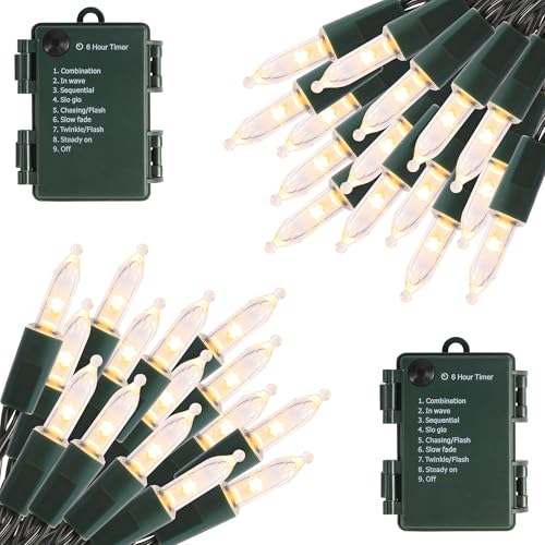 50 LED Battery Operated Mini String Lights with 8 Modes & Timer - Perfect for Christmas Decorations 2 Pack Warm White Lights for Garden, Wedding, and Holiday Parties 16FT Green Wire (Warm White)