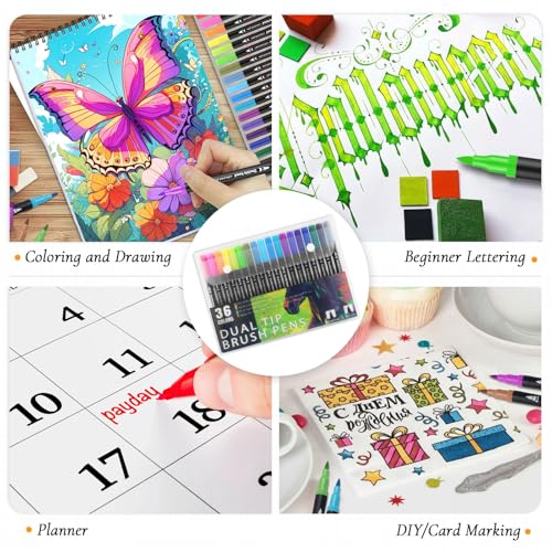 Image of 3Pcs Adult Coloring Book for Women Relaxation, 36 Colors Markers with Spiral Bound Adult Coloring Book for Women, 36 Dual Tip Colors Markers, Anxiety Relief Mindfulness Gifts(Ocean & Bird & Butterfly)