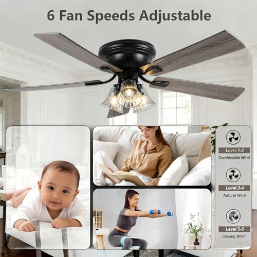 Image of 52 inch Flush Mount Vintage Ceiling Fan with Lights and Remote Control, Farmhouse Rustic Ceiling Fan Low Profile Fandelier Chandelier for Bedroom Living Room Kitchen, 3 E26 Bulbs (Not Included)