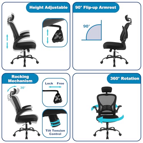 Image of Youhauchair Adjustable Mesh Ergonomic Office Chair with Wheels, Black | Flip-up Arm, Lumbar Support, Height Adjustable, Breathable, Rocking, Mid Back Swivel Compurter Chair with Headrest, Set of 1