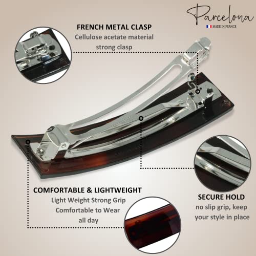 Parcelona French Rectangular Bar Large 4" Celluloid Acetate Hair Barrette Clips For Women Set Of 2 Ponytail Automatic Hair Barrette For Thick Hair Durable Fashion Hair Styling Women Hair Accessories Hair Barrette For Girls, Made In France (Tortoise Shell Brown - Black) #TOP2