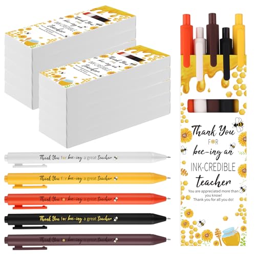 144 PCS Teacher Appreciation Gifts Bulk Include 120 Cute Bee Sunflower Ballpoint Pens 24 Thank You Packaging Inspirational Pen Set End of Year Best Thank You Teacher Gift for School Office Supplies