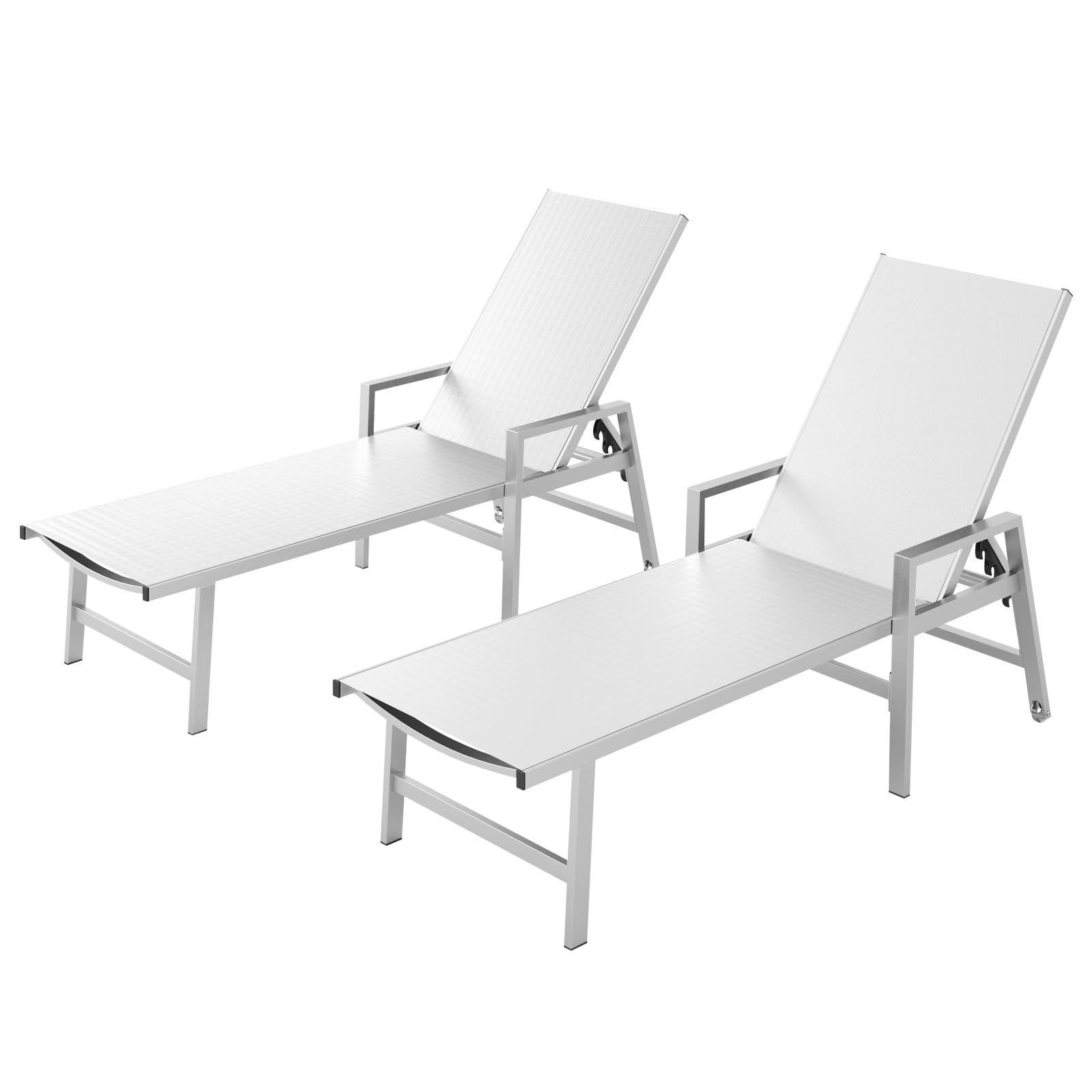 Patio Chaise Lounge Chair Outdoor with Wheels&Armrests, Aluminum Pool Lounge Chairs Set of 2 Five-Position Adjustable Recliner, Outdoor Beach Lounge Chairs for Poolside, Patio, Deck, Yard, White