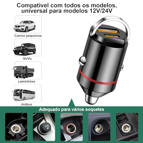 Carregador Veicular Universal 60W Turbo Com 2 Entradas 1 Usb e 1 Usb-C Carga Ultra Rápida Entrada 12