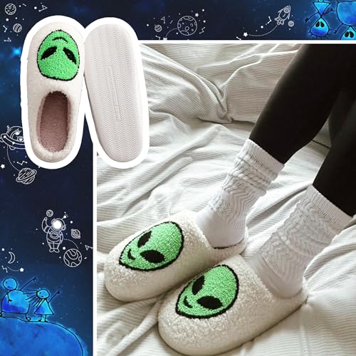 Cute Alien Cotton Slippers for Couples Indoor Plush Home Bedroom Shoes Green Cartoon Pattern Cozy Floor Slippers for Men & Women Suitable for All Seasons3