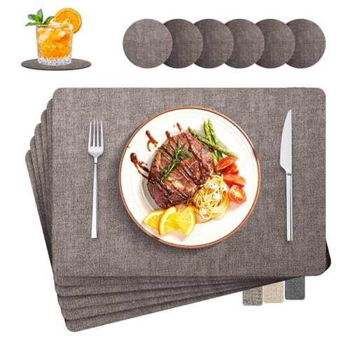 LUOJINYI Tischsets Abwaschbar, 6er Set Leinenimitat Lederoptik Platzset und Untersetzer, Hitzebeständig Doppelseitigen, 30x43cm Tischuntersetzer rutschfest für Hause Küche Restaurant und Hotel(Grau)