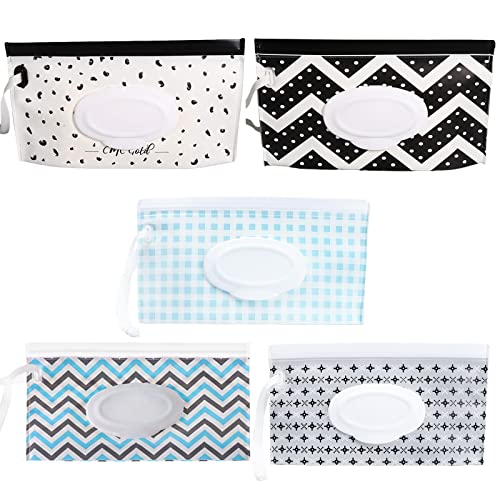 VEGCOO 5Pcs Baby Wet Wipe Pouch Dispenser, EVA Refillable Travel Wet Wipe Pouch Bags, Reusable Portable Wipe Holders for Babies