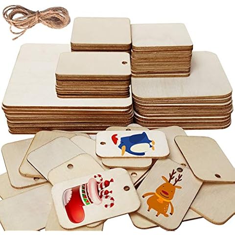 70 Pcs Unfinished Blank Wood Squares, Wooden Rectangle Craft with Hole Square Wooden Tags for Pyrography, Painting, Hanging Decorations, Festivals and Parties Decor Crafts Gifts Cover