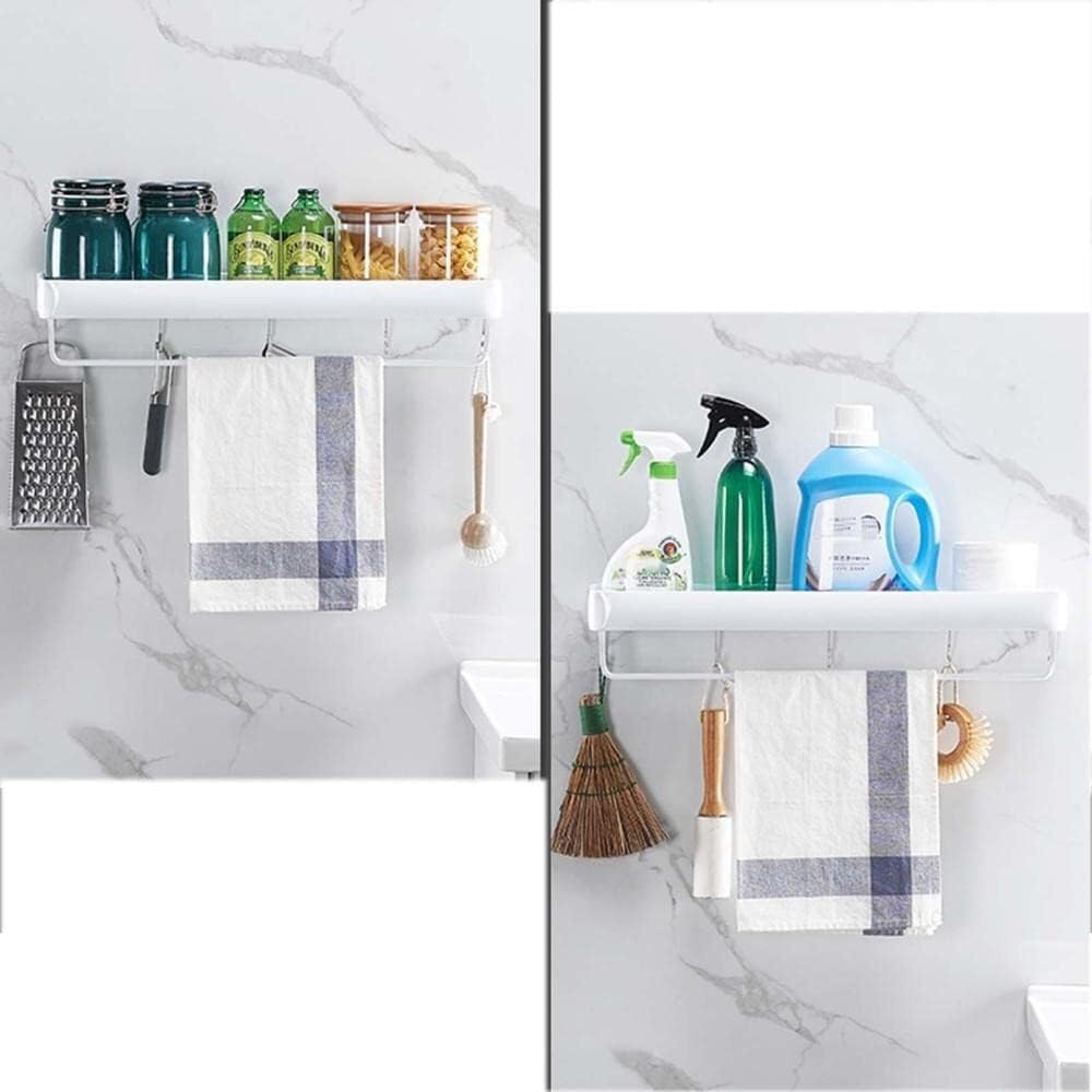 Porte-serviettes de salle de bains, Étagère De Bain Sans Perçage, Fixation Murale for Salle De Bain Avec Crochet, Espace Blanc En Aluminium