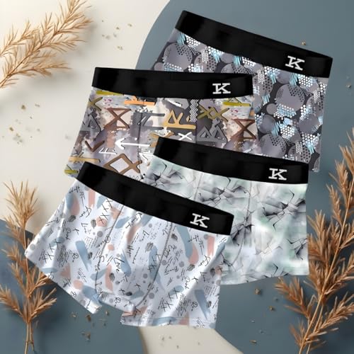 Image of Kinu Men's Comfortable Boxer Briefs Printed Design Ultra Soft Stretch Trunks Breathable Moisture-Wicking Underwear for Daily Comfort - Combo of 4
