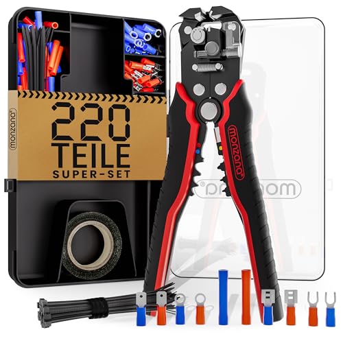 MONZANA&reg; Abisolierzange 3in1 Set 220-teilig Zubeh&ouml;r Box 0,2-6mm&sup2; Stahl Automatisch Isolierband Kabelbinder Elektro Abisolierwerkzeug Crimpzange Kabel