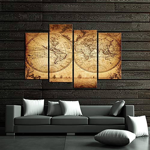Sechars - Extra Large World Map Wall Art Vintage Map Painting Framed 4 Pieces Canvas Art Retro Antique Map Of The World Painting Picture Artwork For Home Office Decor #TOP2