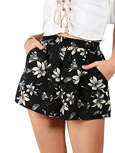 Floerns Women's Flower Print Hot Summer Casual Beach Pockets Shorts Black M