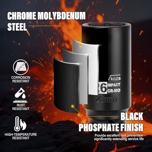 Image of 1 /2 Inch Drive 26mm Deep Metric Impact Socket,CR-MO,6 Point Radius Corner Design,Square Chamfered Opening,Axle Nut Impact Grade Socket for Easy Removal