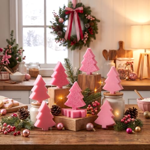 Image of Tioncy 12 Pack Kitchen Sponges Bulk Dual Sided Scrubber Sponges Dishwashing Kitchen Cleaning Accessories for Household Supplies(Christmas Tree, Pink)
