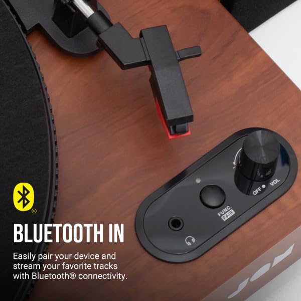 JAM Gramofon z głośnikami – gramofon Bluetooth z głośnikami regałowymi, 3-Speed odtwarzacz winylowy z ochroną przed kurzem, wstępnie ustawionym ramieniem dźwiękowym, w zestawie środek czyszczący do