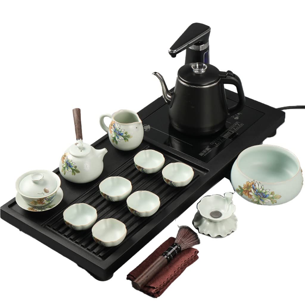 Chiński ceramiczny zestaw do herbaty Kung Fu z tacą na herbatę i małymi narzędziami do herbaty, automatyczne napełnianie wodą jednym kliknięciem, ukryty otwór spustowy, serwis herbaciany (D)