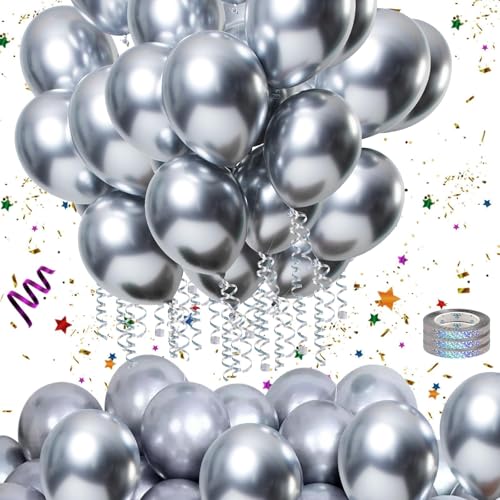 Mbsomnus 60 Piezas Globos de Cumpleaños Plata con 3 Rollos de Cintas de Colores 12 Pulgadas Globos Metálicos Globos de Látex para Boda Graduación Arco Decoración Fiesta Bautizo