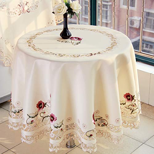 Lelehome TABLECLOTH-STYLE5 57 Inch Square Flower Embroidered Tablecloth Vintage Tassel Floral Beige Table Cloth thumb #3