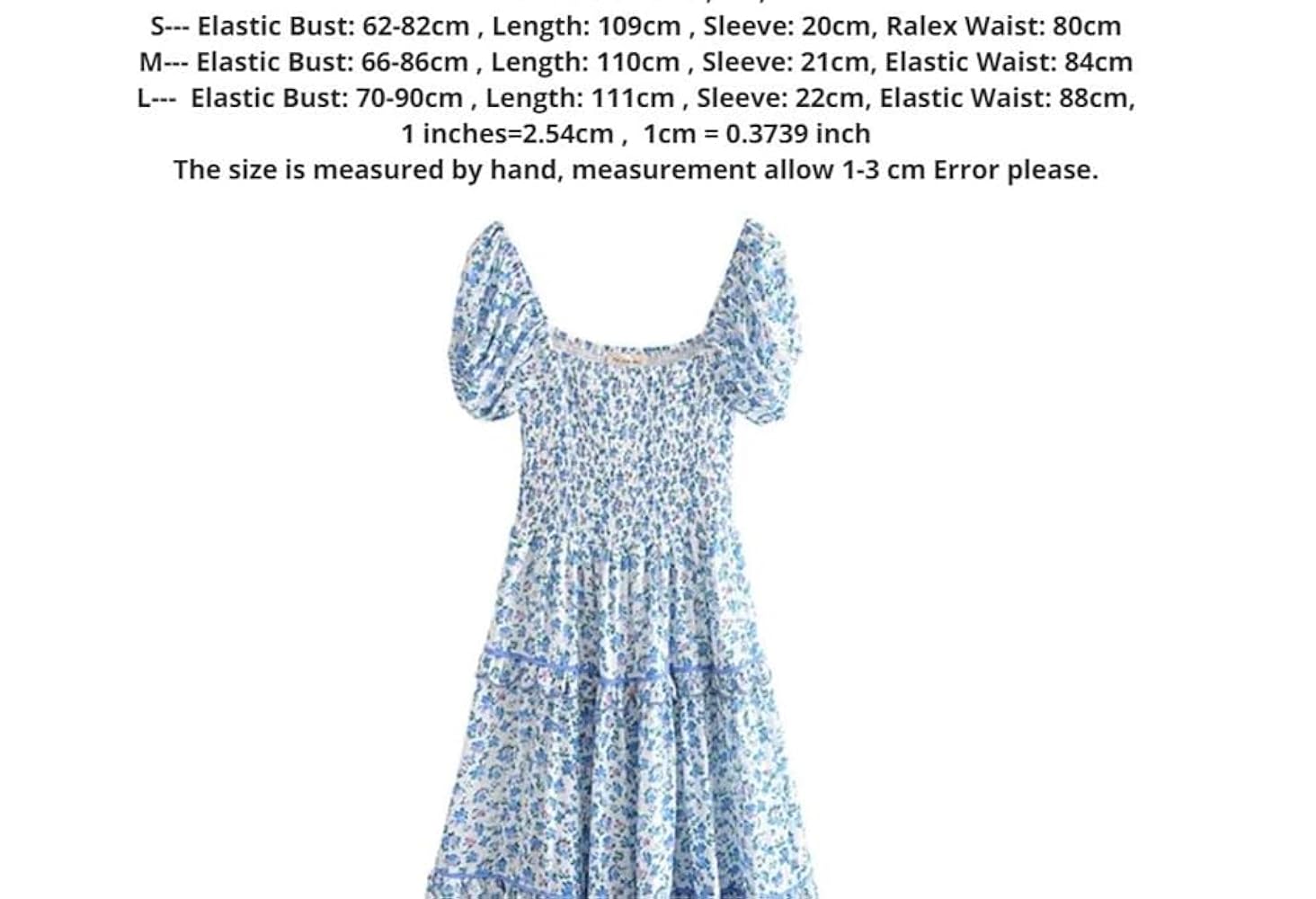 Women French White Blue Flower Print Short Sleeve Dress