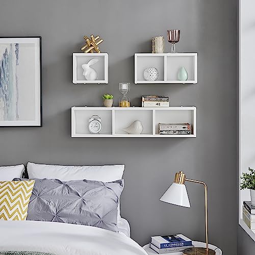 Danya B. Bauhaus Floating Geometric Cubby Wall Shelves - Set of 3 Sizes - Cube Shelf Set for Organizing Books, Houseplants, Decor, and More (White)