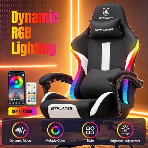 Image of GTPLAYER RGB Gaming Chair with Footrest, LED Lights, Ergonomic Computer Chair with Linkage Armrest, Breathable Fabric for Home Office Desk - Video Game Chairs for Adults, Dim RGB