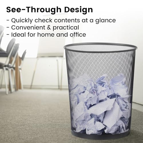 سلة مهملات شبكية معدنية من زالكون سعة 10 لتر - سلة مهملات دائرية للمكتب او المنزل او الحمام - سلة مهملات سلكية متينة بتصميم جيد التهوية - 27 × 24 سم (اسود) (10 لتر)