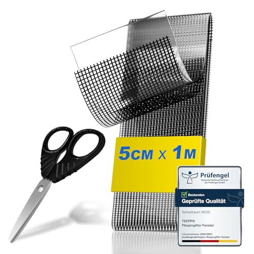 teeppo Fliegengitter Reparatur Klebeband Set - Insektenschutz Fliegengitter Reparatur Set - Stark Selbstklebend Glasfaser - Verhindern Moskitos Insekten - Inklusive Schere - Schwarz (1 m x 5 cm)