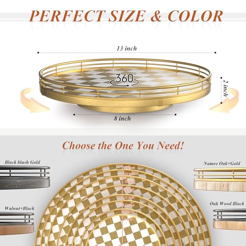 Image of Premium Rubber Wood Lazy Susan Turntable, Gold White Checkerboard Decorative Serving Tray, Hand-Welded Metal Railing, Stable Rotating Organizer for Dining Table, Kitchen Counter, Coffee Table Decor