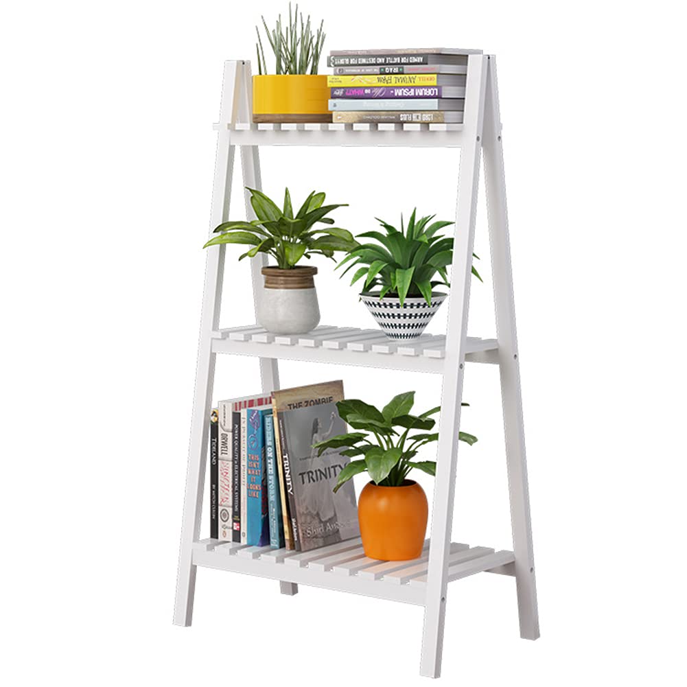 ASerZenith 3 Tier Wooden Ladder Shelf Bookshelf With Slatted Shelves In White/Natural/Antique Color 20X11X35 Inch (White)