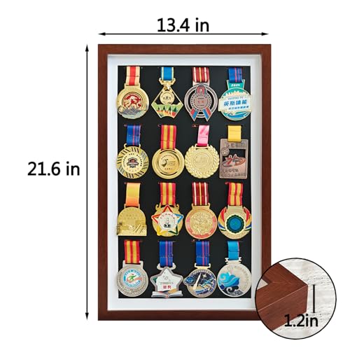 Image of Marathon Medal Display Shadow Box Holds 16 Medals | Walnut, 21.6x13.4x1.2 in, Solid Wood Frame, Wall Mount, Installs in 3 minutes, Medal Shadow Box Display Case for All Sports