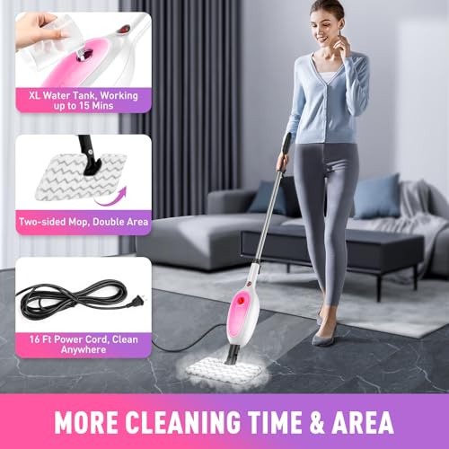 Steam Mop, Detachable Handheld Steam Cleaner with 10-in-1 Multipurpose Accessories, Two-sided Mop, Double Cleaning Area, Multi Surfaces Steamer for Wood Floor, Tile, Window, Clothes, Furniture & Grout — view 6